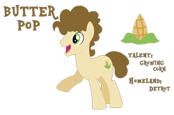 Size: 776x511 | Tagged: safe, artist:moonlightthegriffon, imported from derpibooru, oc, oc:butter-pop, earth pony, pony, base used, bio in description, corn, cutie mark, food, happy, male, open mouth, open smile, raised hoof, simple background, smiling, stallion, text, transparent background