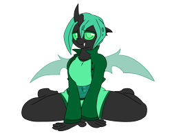 Size: 1500x1200 | Tagged: safe, artist:dudey64, imported from twibooru, oc, oc only, oc:speculo, anthro, changeling, unguligrade anthro, bedroom eyes, belly button, clothes, fangs, female, floppy ears, horn, image, jacket, kneeling, looking at you, png, rule 63, shorts, simple background, solo, spread wings, transparent background, wings