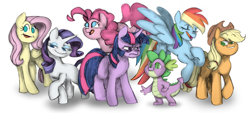 Size: 3000x1350 | Tagged: safe, artist:cloud-roots, imported from derpibooru, applejack, fluttershy, pinkie pie, rainbow dash, rarity, spike, twilight sparkle, dragon, earth pony, pegasus, pony, unicorn, angry, bags under eyes, eyebrows, eyebrows visible through hair, faic, female, frown, headcanon, hoof on chest, horn, lgbt headcanon, male, mane seven, mane six, mare, simple background, smiling, transgender, twilight sparkle is not amused, unamused, unicorn twilight, white background