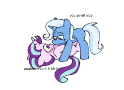 Size: 548x402 | Tagged: safe, artist:driftwoodpony, imported from derpibooru, starlight glimmer, trixie, pony, unicorn, blushing, duo, duo female, female, horn, lesbian, looking at each other, looking at someone, mare, no pupils, pinned, shipping, simple background, smiling, startrix, wavy mouth, white background