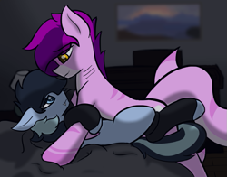 Size: 827x650 | Tagged: safe, artist:inveniris, imported from derpibooru, oc, oc:compiavelli, oc:cyaera, original species, shark, shark pony, undead, vampire, vampony, bed, clothes, duo, leg warmers, lying down, lying on bed, male, on bed, snuggling