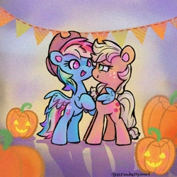 Size: 800x800 | Tagged: safe, artist:flutterberrypie, imported from derpibooru, applejack, rainbow dash, earth pony, pegasus, pony, accessory swap, appledash, applejack's hat, cowboy hat, duo, duo female, female, freckles, halloween, hat, holiday, hug, jack-o-lantern, lesbian, mare, open mouth, open smile, pumpkin, shipping, smiling, smiling at someone, spread wings, tail, winghug, wings