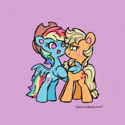 Size: 800x800 | Tagged: safe, alternate version, artist:flutterberrypie, imported from derpibooru, applejack, rainbow dash, earth pony, pegasus, pony, accessory swap, appledash, applejack's hat, cowboy hat, duo, duo female, female, freckles, hat, hug, lesbian, mare, open mouth, open smile, shipping, simple background, smiling, smiling at someone, spread wings, tail, winghug, wings