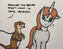 Size: 2048x1605 | Tagged: safe, artist:hoofclid, imported from derpibooru, oc, oc:hoofclid, otter, pony, unicorn, horn, implied fluttershy, leash, male, marker drawing, offscreen character, open mouth, open smile, question mark, smiling, stallion, traditional art, unshorn fetlocks, walk