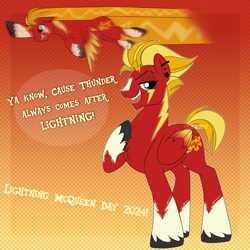 Size: 3000x3000 | Tagged: safe, artist:texacity, imported from derpibooru, pegasus, pony, blaze (coat marking), cars (pixar), coat markings, dialogue, facial markings, flying, gradient background, hoof on chest, lidded eyes, lightning mcqueen, male, ponified, socks (coat markings), solo, stallion, unshorn fetlocks