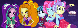 Size: 1952x711 | Tagged: safe, artist:carolina666, artist:gigarainbowdasheqg, artist:shootingstarsentry, imported from derpibooru, adagio dazzle, aria blaze, kiwi lollipop, sonata dusk, supernova zap, equestria girls, k-lo, mashup, postcrush, rainbow rocks 10th anniversary, su-z