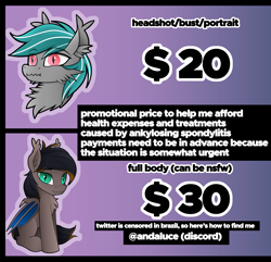 Size: 2000x1929 | Tagged: safe, artist:andaluce, imported from derpibooru, oc, oc only, oc:black night, oc:malachite cluster, bat pony, pony, advertisement, bust, chest fluff, commission, commission info, commission open, ear fluff, fluffy, male, price sheet, sitting, stallion, text