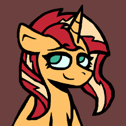 Size: 620x620 | Tagged: safe, artist:rosa ushiromiya, imported from derpibooru, sunset shimmer, pony, unicorn, digital art, female, horn, looking at you, mare, simple background, sitting, solo