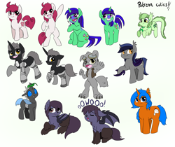 Size: 1800x1512 | Tagged: safe, artist:dudey64, imported from twibooru, oc, oc:ashy, oc:bit, oc:echo, oc:eissen, oc:lunar baker, oc:mint chisel, oc:nyn indigo, changeling, diamond dog, earth pony, hybrid, pony, unicorn, wolf, wolf pony, amputee, bipedal, changeling oc, chibi, diamond dog oc, disguise, disguised changeling, horn, image, leaf, open mouth, png, raised hoof, sharp teeth, simple background, tail, teeth, unicorn oc, white background