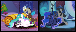 Size: 2065x889 | Tagged: safe, artist:clakse, imported from derpibooru, discord, king sombra, princess celestia, princess luna, oc, oc:luminia, oc:lunar eclipse, alicorn, draconequus, hybrid, pony, unicorn, baby, base used, cousins, dislestia, female, filly, foal, horn, husband and wife, interspecies, interspecies offspring, lumbra, male, mare, mother and child, mother and daughter, offspring, parent:discord, parent:king sombra, parent:princess celestia, parent:princess luna, parents:dislestia, parents:lumbra, royal sisters, shipping, siblings, sisters, stallion, straight