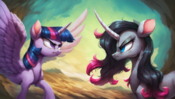 Size: 2560x1456 | Tagged: safe, imported from derpibooru, twilight sparkle, alicorn, classical unicorn, pony, unicorn, them's fightin' herds, ai content, ai generated, cloven hooves, community related, duo, horn, leonine tail, looking at each other, looking at someone, oleander (tfh), prompter:cypher, spread wings, twilight sparkle (alicorn), unshorn fetlocks, wings