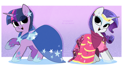 Size: 3068x1743 | Tagged: safe, artist:syrupyyy, imported from derpibooru, part of a set, rarity, twilight sparkle, pony, unicorn, clothes, dress, duo, duo female, eye clipping through hair, eyeshadow, female, gala dress, hoof shoes, horn, makeup, mare, no iris, open mouth, open smile, raised hoof, smiling, unicorn twilight