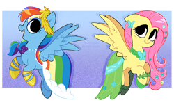 Size: 2893x1743 | Tagged: safe, artist:syrupyyy, imported from derpibooru, part of a set, fluttershy, rainbow dash, pegasus, pony, clothes, dress, duo, duo female, female, flower, flower in hair, gala dress, mare, no iris, open mouth, open smile, smiling, spread wings, wings