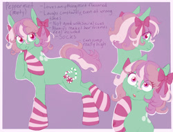 Size: 1700x1300 | Tagged: safe, artist:abbytabbys, imported from derpibooru, minty, oc, oc:peppermint (abbytabbys), earth pony, pony, alternate design, alternate hairstyle, alternate mane color, alternate name, alternate tail color, alternate universe, bangs, border, bow, clothes, coat markings, colored eyelashes, colored pupils, cute, earth pony oc, eye clipping through hair, eyebrows, eyebrows visible through hair, eyelashes, facial markings, female, female oc, fluffy mane, g3, green coat, hair accessory, hair bow, life's an adventure au, looking at you, mane accessory, mare, mare oc, mint coat, minty (g4), mintybetes, multiple angles, nom, outline, passepartout, pink bow, pink eyelashes, pink eyes, pink mane, pink pupils, pink socks, pink tail, purple background, purple text, raised eyebrow, raised hoof, raised leg, reference sheet, short mane, simple background, smiling, smiling at you, socks, solo, spots, standing, standing on two hooves, striped socks, tail, tall ears, that pony sure does love socks, three quarter view, three toned mane, three toned tail, triality, wall of tags