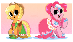 Size: 2979x1743 | Tagged: safe, artist:syrupyyy, imported from derpibooru, part of a set, applejack, pinkie pie, earth pony, pony, applejack's hat, braid, braided tail, clothes, cowboy hat, dress, duo, duo female, female, freckles, gala dress, hat, mare, no iris, open mouth, open smile, raised hoof, smiling, tail