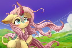 Size: 2400x1600 | Tagged: safe, artist:symbianl, imported from derpibooru, fluttershy, kirin, blushing, cloud, cloven hooves, cute, female, grass, horn, kirin fluttershy, kirin-ified, leonine tail, outdoors, shyabetes, sky, smiling, solo, species swap, tail, unshorn fetlocks, windswept mane