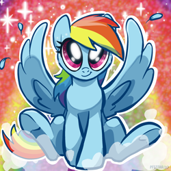 Size: 2048x2048 | Tagged: safe, artist:pfeffaroo, imported from derpibooru, rainbow dash, pony, big eyes, feather, female, high res, looking at you, mare, smiling, smiling at you, solo, spread wings, underhoof, wings