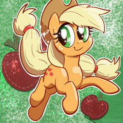 Size: 2048x2048 | Tagged: safe, artist:pfeffaroo, imported from derpibooru, part of a set, applejack, earth pony, pony, apple, applejack's hat, cowboy hat, female, food, freckles, hat, high res, mare, smiling, solo, tail