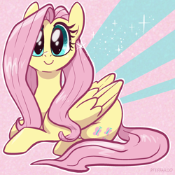 Size: 2048x2048 | Tagged: safe, artist:pfeffaroo, imported from derpibooru, part of a set, fluttershy, pegasus, pony, female, folded wings, high res, looking at you, mare, smiling, smiling at you, solo, tail, wings