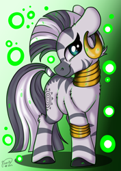 Size: 2894x4093 | Tagged: safe, artist:julunis14, imported from derpibooru, zecora, zebra, cute, ear piercing, earring, female, floppy ears, gradient background, green background, high res, jewelry, looking at you, magic, mare, neck rings, orb, piercing, signature, simple background, smiling, smiling at you, solo, tail, zecorable