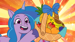 Size: 1920x1080 | Tagged: safe, imported from derpibooru, screencap, izzy moonbow, pony, unicorn, spoiler:g5, spoiler:my little pony: tell your tale, spoiler:tyts02e20, apple, banana, basket, female, food, fruit, fruit basket, g5, grapes, horn, mare, my little pony: tell your tale, offering, ooh a new friend, open mouth, open smile, orange, pineapple, smiling, solo