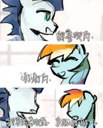 Size: 720x886 | Tagged: safe, artist:yixiaobua, imported from derpibooru, rainbow dash, soarin', pegasus, pony, blue coat, blue mane, chinese, comic, eyes closed, female, green eyes, male, mare, smiling, stallion, talking, text