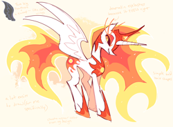 Size: 2774x2041 | Tagged: safe, artist:syrupyyy, imported from derpibooru, daybreaker, alicorn, pony, alternate design, concave belly, female, high res, horn, long eyelashes, long horn, looking back, mane of fire, mare, narrowed eyes, simple background, smiling, solo, spread wings, text, wings, yellow background