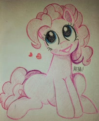 Size: 2821x3433 | Tagged: safe, artist:dsstoner, imported from ponybooru, pinkie pie, earth pony, pony, crayon, crayon drawing, female, mare, sitting, smiling, traditional art