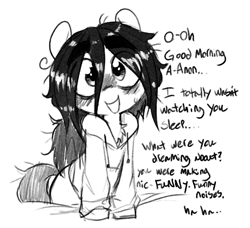 Size: 1179x1073 | Tagged: safe, artist:whydomenhavenipples, imported from ponybooru, oc, oc only, oc:floor bored, earth pony, pony, bed, blatant lies, blushing, clothes, dialogue, female, grayscale, hoodie, implied anon, mare, monochrome, nervous, nervous laugh, open mouth, open smile, simple background, smiling, solo, stalker, stalking, sweat, sweatdrop, white background