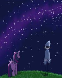 Size: 1080x1352 | Tagged: safe, imported from derpibooru, twilight sparkle, alicorn, bird, blue jay, pony, 2021, crossover, crossover shipping, facing away, female, galaxy, grass, male, missing cutie mark, mordecai, mordetwi, night, night sky, regular show, shipping, sky, straight, tail, tail feathers, twilight sparkle (alicorn)