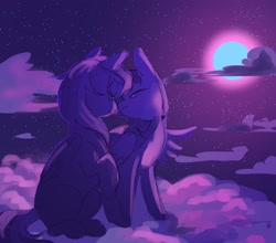 Size: 2048x1806 | Tagged: safe, artist:piesinful, imported from derpibooru, rainbow dash, twilight sparkle, alicorn, pegasus, pony, cloud, duo, duo female, female, full moon, heart, heart eyes, lesbian, limited palette, looking at each other, looking at someone, mare, moon, on a cloud, shipping, sitting, sitting on a cloud, smiling, smiling at each other, twidash, twilight sparkle (alicorn), wingding eyes