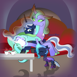 Size: 2997x2997 | Tagged: safe, artist:cookie-ruby, imported from derpibooru, princess luna, queen chrysalis, oc, changedling, changeling, changepony, hybrid, changedling oc, changeling oc, crack shipping, cute, happy, heartwarming, interspecies offspring, magical lesbian spawn, offspring, parent:princess luna, parent:queen chrysalis, parents:chrysaluna, purified chrysalis, shipping, what if