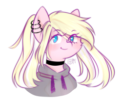 Size: 1199x1019 | Tagged: safe, artist:vieta, imported from derpibooru, oc, oc only, oc:leaenala, pegasus, pony, blonde hair, blue eyes, bust, choker, colored eyebrows, ear piercing, earring, eye clipping through hair, eyebrows, eyebrows visible through hair, eyelashes, female, fluffy hair, fluffy mane, hair ribbon, jewelry, long eyelashes, long hair, looking at you, mare, multicolored hair, multicolored mane, pegasus oc, piercing, pigtails, pink coat, portrait, raised eyebrows, ribbon, signature, smiling, solo, striped hair, striped mane, two toned hair, two toned mane, white hair, wings