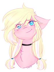 Size: 2160x2880 | Tagged: safe, artist:vieta, imported from derpibooru, oc, oc only, oc:leaenala, pegasus, pony, blonde hair, blue eyes, bust, choker, colored eyebrows, ear piercing, earring, eye clipping through hair, eyebrows, eyebrows visible through hair, eyelashes, female, fluffy hair, fluffy mane, hair ribbon, jewelry, long eyelashes, long hair, looking at you, mare, multicolored hair, multicolored mane, pegasus oc, piercing, pigtails, pink coat, portrait, raised eyebrows, ribbon, signature, smiling, solo, striped hair, striped mane, two toned hair, two toned mane, white hair, wings