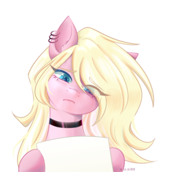 Size: 3000x3000 | Tagged: safe, artist:vieta, imported from derpibooru, oc, oc only, oc:leaenala, pegasus, pony, blonde hair, blue eyes, bust, choker, colored eyebrows, ear piercing, earring, eye clipping through hair, eyebrows, eyebrows visible through hair, eyelashes, female, fluffy hair, fluffy mane, frown, hair ribbon, jewelry, long eyelashes, long hair, looking sideways, mare, multicolored hair, multicolored mane, paper, pegasus oc, piercing, pigtails, pink coat, portrait, raised eyebrows, ribbon, signature, solo, striped hair, striped mane, two toned hair, two toned mane, white hair, wings