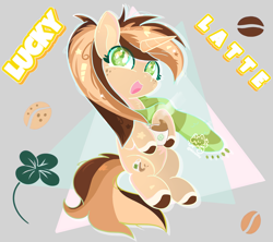 Size: 4607x4100 | Tagged: safe, artist:winstiky, imported from derpibooru, oc, oc only, oc:lucky latte, pony, unicorn, clothes, clover, coffee beans, coffee cup, colored hooves, cup, freckles, hooves, horn, scarf