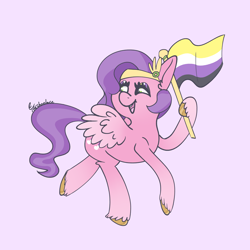 Size: 4400x4400 | Tagged: safe, artist:tkshoelace, imported from derpibooru, pipp petals, pegasus, pony, ear fluff, eyelashes, eyeshadow, g5, holding, makeup, nonbinary, nonbinary pride flag, pride, pride flag, purple background, simple background, solo, spread wings, unshorn fetlocks, wings