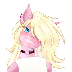 Size: 3000x3000 | Tagged: safe, artist:vieta, imported from derpibooru, oc, oc only, oc:leaenala, bat pony, pony, bat pony oc, bat wings, blonde hair, blue eyes, bust, choker, colored eyebrows, ear fluff, ear piercing, ear tufts, earring, eye clipping through hair, eyebrows, eyebrows visible through hair, eyelashes, fangs, female, fluffy hair, fluffy mane, hair ribbon, jewelry, long eyelashes, long hair, looking at you, mare, multicolored hair, multicolored mane, paper, piercing, pigtails, pink coat, portrait, raised eyebrows, ribbon, signature, smiling, smiling at you, smirk, solo, striped hair, striped mane, two toned hair, two toned mane, white hair, wings