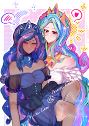 Size: 2894x4093 | Tagged: safe, artist:wuzhudaren, imported from derpibooru, princess celestia, princess luna, human, abstract background, blushing, clothes, dress, eyes closed, female, heart, humanized, outline, royal sisters, siblings, sisters, smiling, sparkles, text, white outline