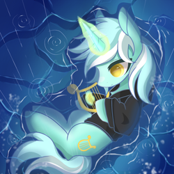 Size: 1240x1240 | Tagged: safe, artist:frostdew55252, imported from derpibooru, lyra heartstrings, pony, unicorn, fanfic:background pony, clothes, dig the swell hoodie, female, glowing, glowing horn, hoodie, horn, lying down, lyre, mare, musical instrument, on floor, on side, rain, solo, wet, wet floor