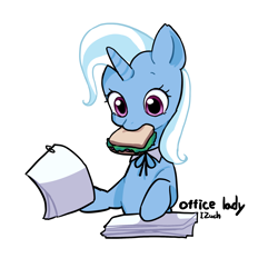 Size: 2048x2048 | Tagged: safe, artist:izuchi, imported from derpibooru, trixie, pony, unicorn, cute, eating, food, horn, office lady, sandwich, simple background, solo, white background