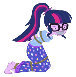 Size: 2081x2123 | Tagged: safe, artist:nie-martw-sie-o-mnie, imported from derpibooru, sci-twi, twilight sparkle, human, equestria girls, barefoot, bondage, bound and gagged, clothes, eyes closed, feet, female, femsub, gag, glasses, kneeling, my little pony equestria girls: legend of everfree, pajamas, rope, rope bondage, simple background, solo, submissive, tape, tape gag, transparent background, twisub