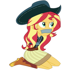 Size: 2500x2500 | Tagged: safe, artist:nie-martw-sie-o-mnie, imported from derpibooru, sunset shimmer, human, equestria girls, bondage, boots, clothes, cowboy boots, cowboy hat, cowgirl, equestria girls specials, female, femsub, gag, hat, kneeling, my little pony equestria girls: dance magic, shoes, simple background, skirt, solo, submissive, subset, tape, tape bondage, tape gag, transparent background