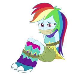 Size: 2000x2000 | Tagged: safe, artist:nie-martw-sie-o-mnie, imported from derpibooru, rainbow dash, human, equestria girls, bondage, bound and gagged, cloth gag, clothes, dashsub, female, femsub, gag, leg warmers, looking at you, my little pony equestria girls: legend of everfree, rope, rope bondage, shorts, simple background, sitting, solo, submissive, transparent background