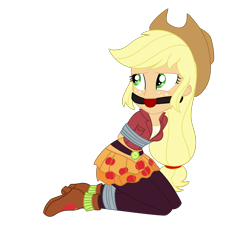 Size: 2000x2000 | Tagged: safe, artist:nie-martw-sie-o-mnie, imported from derpibooru, applejack, human, equestria girls, applesub, ballgag, bondage, bound and gagged, clothes, cowboy hat, female, femsub, gag, hat, kneeling, leggings, my little pony equestria girls: friendship games, school spirit, simple background, solo, submissive, tape, tape bondage, transparent background