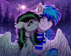 Size: 2048x1610 | Tagged: safe, artist:hakaina, oc, oc only, pony, clothes, duo male and female, female, looking at each other, male, mare, scarf, stallion