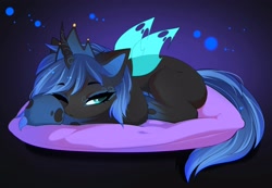 Size: 4096x2837 | Tagged: safe, artist:empress-twilight, oc, oc only, changeling, pony, abstract background, changeling oc, female, lying down, mare, one eye closed, pillow