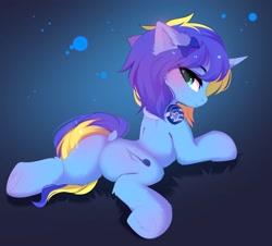 Size: 2048x1850 | Tagged: safe, artist:empress-twilight, oc, oc only, pony, abstract background, butt, female, hooves, looking at you, looking back, lying down, mare