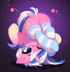 Size: 1995x2048 | Tagged: safe, artist:empress-twilight, oc, oc only, pony, abstract background, butt, clothes, female, glasses, hooves, mare, one eye closed, socks, striped socks, tongue out