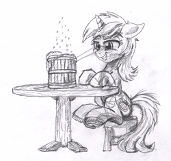 Size: 2189x2058 | Tagged: safe, artist:ciaran, derpibooru exclusive, imported from derpibooru, lyra heartstrings, pony, unicorn, alcohol, beer, bubble, eyes on the prize, female, floppy ears, foam, grayscale, horn, looking at something, mare, monochrome, pencil drawing, simple background, sitting, smiling, table, traditional art, underhoof, white background